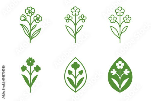 Flax Plant Logos. Natural Fibers. Set Logo of Natural Fibers: flax plant. harmonious logo variations of the same emblematic concept, each with different