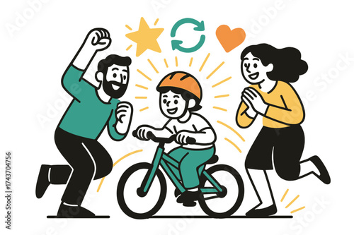 Celebratory Bike Ride. Shared milestones. Parents glowing as they cheer for child riding bike. Floating icons of star, heart, and cycle arrows representing