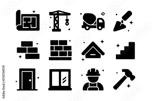 Building Icons Collection. Building process. Solid icons set of Building process: blueprint, crane, cement mixer, trowel, bricks, wall, roof, stairs, door,