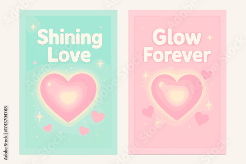 Shining Love Banners. Shining Love. Two vertical A6 banners with safe margins, centered composition, no elements touching edges, pastel style, mint and pink,