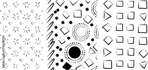 A whimsical dance of hand drawn shapes forming a playful abstract pattern that evokes handmade charm on a white background.