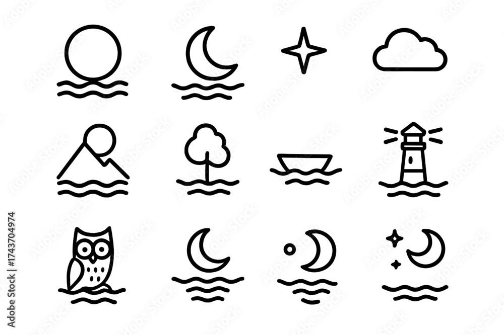 Fototapeta premium Moonlit Night Icons. Moonlit Water. Line icon set of Moonlit Water: full moon, crescent moon, water ripples, star, cloud, mountain, tree, boat, lighthouse,