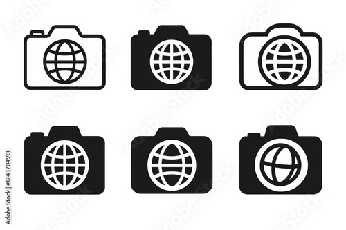 Journalism Logo Variations. International journalism. Set Logo of International journalism: Camera with globe lens. harmonious logo variations of the same