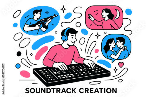 Soundtrack Hologram Magic. Soundtrack Creation. A producer at a mixing desk with glowing abstract movie scenes floating as holograms above the controls. Modern