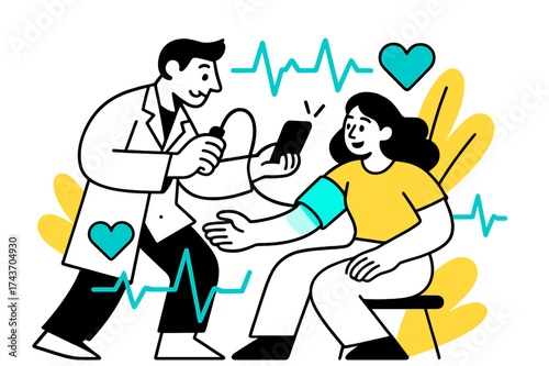 Blood Pressure Monitor. Blood Pressure Test. A patient with glowing cuff on their arm, abstract floating pulse lines and heart icons around. Modern flat-line