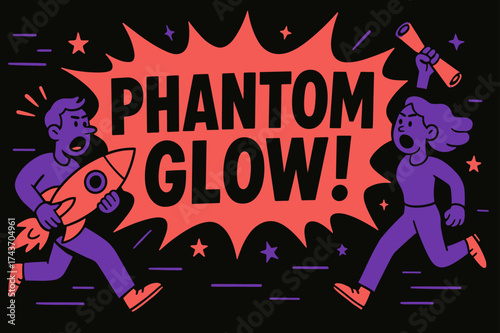 Phantom Glow Explosion. Phantom Glow banner, flat vector illustration, bold oversized text inside splash explosion, cartoon characters running and shouting,