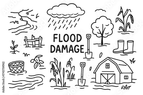 Flood Damage Doodles. Flood damage. Hand-drawn doodle illustration flood damage broken field, muddy water, drowned plant, raindrops, cloud, river, washed