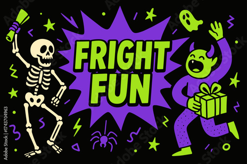 Fright Fun Celebration. Fright Fun banner, flat vector illustration, bold oversized text inside comic burst, cartoon characters dancing and shouting, holding