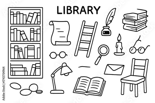 Library Doodle Elements. Library. Hand-drawn doodle illustration library bookshelf, scroll, quill, ink bottle, book stack, ladder, candle, glasses, magnifying