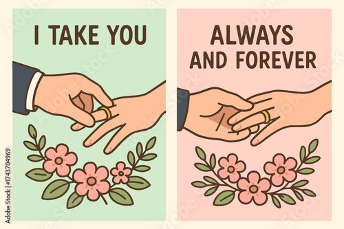 Wedding Vows Banner. Vows. Two vertical A6 banners, cartoon, pastel mint and pink backgrounds, hands exchanging rings with floral accents, first banner with