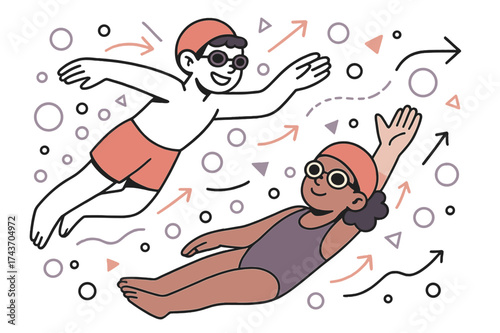 Dynamic Swimming Scene. Confident swimmers. Glowing children learning freestyle and backstroke, abstract floating bubbles and geometric lines emphasizing skill