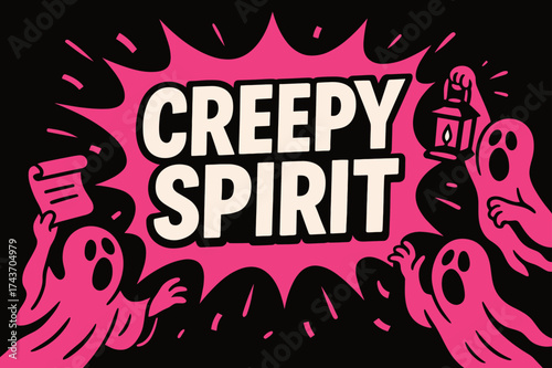 CreepySpirit Comic Art. CreepySpirit banner, flat vector illustration, bold oversized text inside comic burst, cartoon characters floating and shouting near