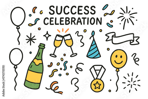 Champagne Celebration. Success Celebration. Hand-drawn doodle illustration champagne bottle (colored), clinking glasses, confetti (colored), party hat,