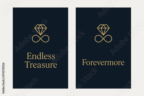 Navy & Gold Elegance. Eternity. Two vertical A6 banners with safe margins, centered composition, no elements touching edges, modern minimal, navy and gold,