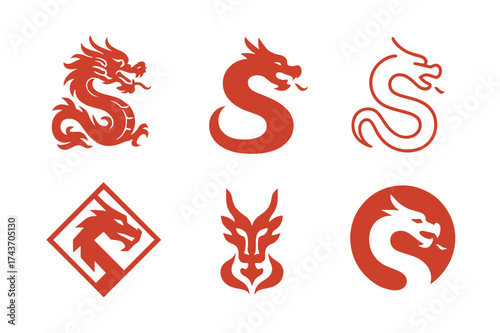 Chinese Empire Logos. The rise and fall of empires throughout history. Set Logo of Chinese Empire: dragon. harmonious logo variations of the same emblematic