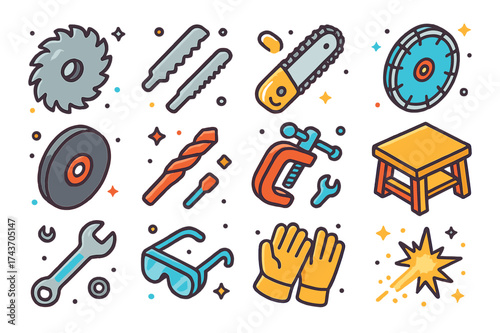 Colorful Cutting Tools Icons. Cutting Equipment. Colorful isometric vector icons set of cutting equipment: circular saw blade, jigsaw blade, chainsaw blade,