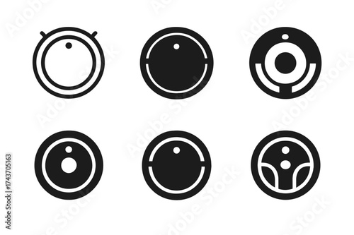 Robot Vacuum Logos. Robot vacuums. Set Logo of Robot vacuums: Top-down robot silhouette. harmonious logo variations of the same emblematic concept, each with