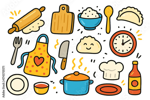Colorful Kitchen Doodles. Kitchen Fun. Colorful Hand-drawn doodle Children illustration rolling pin, chopping board, flour bowl, spoon, knife, dumpling, pot,
