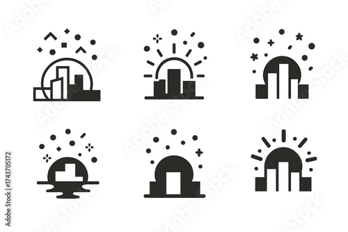 New Year's Brunch Logos. New Year?s Day recovery brunch and celebration. Set Logo of New Year?s Day recovery brunch and celebration: Sunrise skyline with