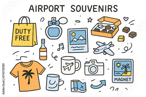 Airport Souvenir Doodles. Airport Souvenirs. Hand-drawn doodle illustration duty free bag (colored), perfume bottle, chocolates (colored), mini bottle of