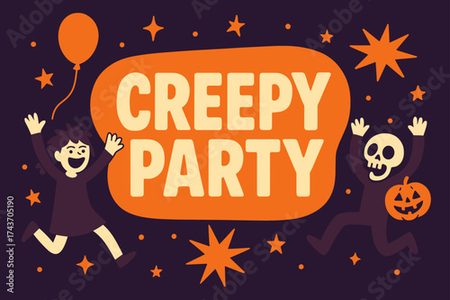 CreepyParty Festive Banner. CreepyParty banner, flat vector illustration, bold oversized text inside rounded blob, cartoon characters jumping and shouting near