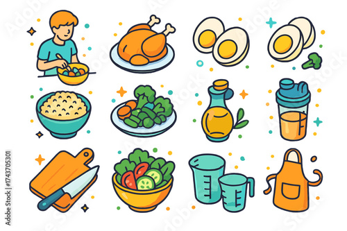 Colorful Meal Icons. Balanced meal. Colorful isometric vector icons set of balanced meal: person preparing food, chicken, boiled eggs, quinoa,