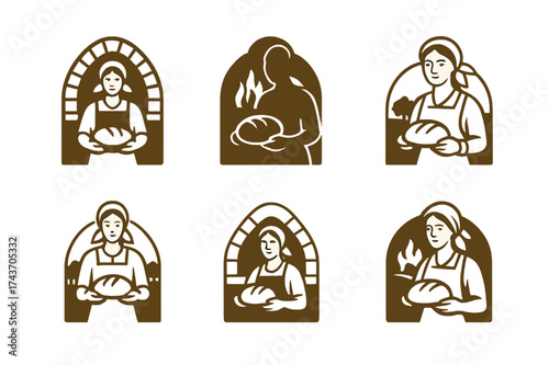 Rural Women Logo Variations. Women entrepreneurs in rural areas. Set Logo of Women entrepreneurs in rural areas: Community bakery oven. harmonious logo