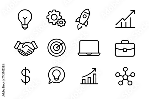 Innovation Icon Set. Innovation in Business Models. Line icon set of Innovation in Business Models: lightbulb, gears, rocket, graph, handshake, target, laptop,