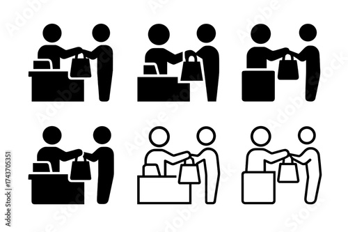 Harmonious Checkout Logos. Checkout process. Set Logo of Checkout process: Cashier handing over a bag. harmonious logo variations of the same emblematic