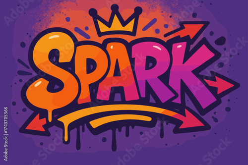 Bold Urban Graffiti. Urban Spark ? Graffiti Simplified: bold tilted bubble letters with dripping outline, arrows through strokes, crown above word, dynamic