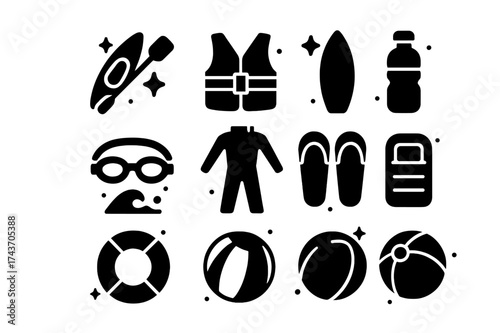 Water Sports Icons. Water Sports. Solid icons set of Water Sports: Kayak, Paddle, Life Jacket, Surfboard, Swim Goggles, Wetsuit, Water Bottle, Wave, Float,