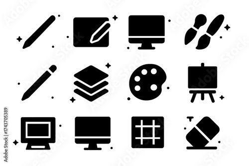 Black Illustration Icons. Illustration. Solid icons set of Illustration: Stylus, Tablet, Computer, Brush, Pencil, Layers, Color Palette, Canvas, Mockup,
