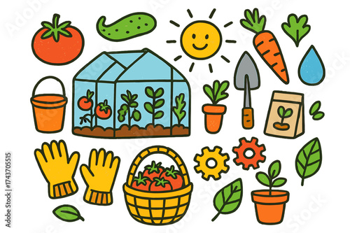 Colorful Greenhouse Doodle. Greenhouses. Colorful Hand-drawn doodle Children illustration Greenhouse, tomato, cucumber, carrot, water drop, sun, bucket,