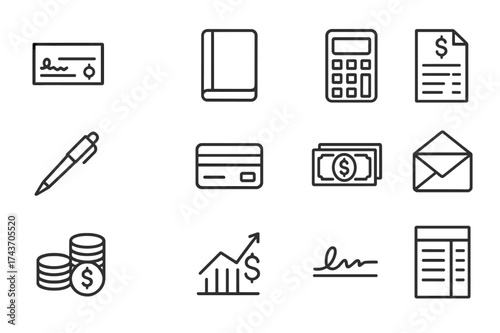 Financial Planning Icons. Financial planning. Line icon set of Financial planning: checkbook, ledger, calculator, budget sheet, pen, bank card, money stack,