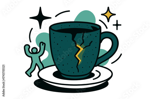 Resilient Glowing Mug. Rustic chipped cup. A mug with a glowing crack on the side placed on a saucer, abstract floating stars and lines showing resilience and
