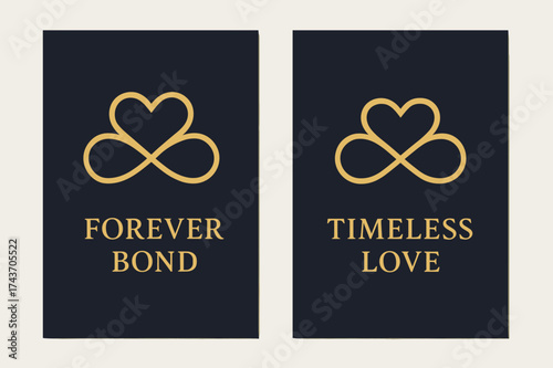 Infinite Love Banners. Eternity. Two vertical A6 banners with safe margins, centered composition, no elements touching edges, modern minimal, navy and gold,