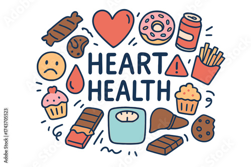 Heart Health Doodle. Heart Health. Hand-drawn doodle illustration of Heart Health. Heart symbol, candy bar,
