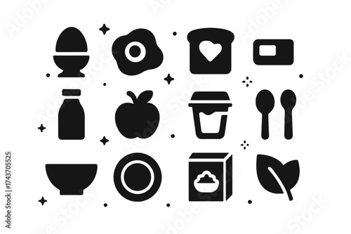 Healthy Breakfast Icons. Healthy breakfast. Solid icons set of Healthy breakfast: boiled egg, fried egg, toast, butter, milk bottle, fruit, yogurt cup, spoon,