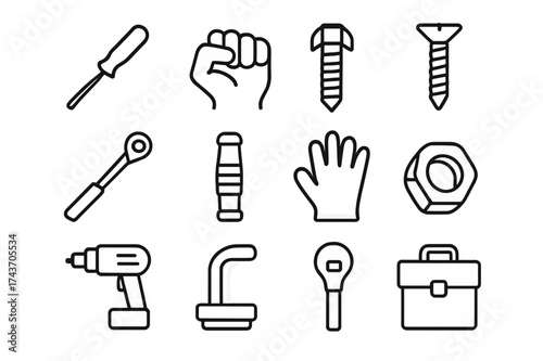 Power Grip Icons. Power grip. Line icon set of power grip: screwdriver, strong hand icon, bolt, screw, torque wrench, handle, glove, nut, drill, toolbox. All