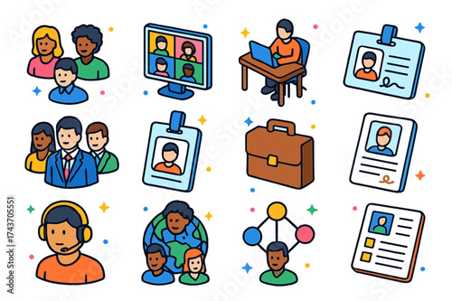 Global Workforce Icons. Global workforce. Colorful isometric vector icons set of global workforce: diverse people, video conference, remote worker desk,
