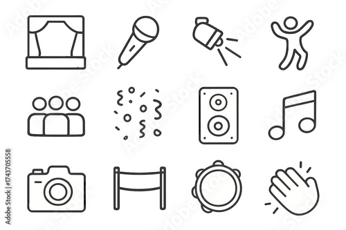 Public Performance Icons. Public Performances and Flash Mobs. Line icon set of Public Performances and Flash Mobs: stage, microphone, spotlight, dancing