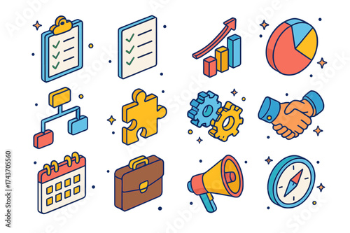 Colorful Management Icons. Management. Colorful isometric vector icons set of management: clipboard, checklist, bar chart, pie chart, flowchart, puzzle piece,