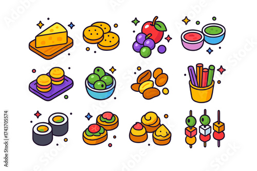 Colorful Appetizer Icons. Appetizer board. Colorful isometric vector icons set of appetizer board: cheese, crackers, fruit, dips, mini sandwiches, olives,