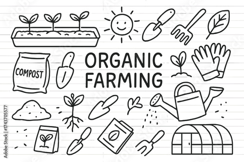 Organic Farming Doodles. Organic farming. Hand-drawn doodle illustration organic farming tray, sprouts, compost bag, shovel, rake, watering can, greenhouse,
