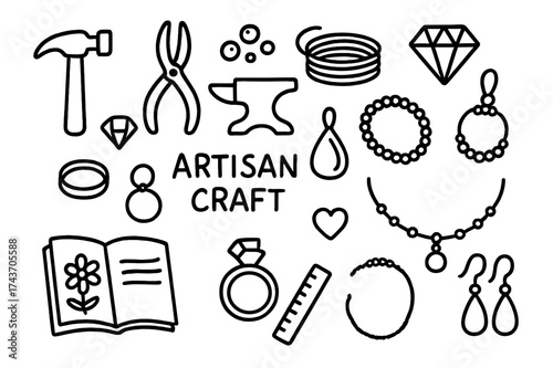 Artisan Craft Tools Illustration. Artisan craft. Hand-drawn doodle illustration artisan craft hammer, pliers, wire, beads, gemstone, anvil, ring, pendant,