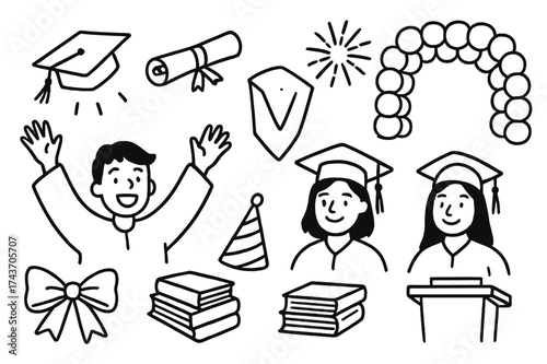 Graduation Celebratory Doodles. Graduation celebration. Hand-drawn doodle illustration celebrating a graduation with a cap toss cap in air, diploma case,