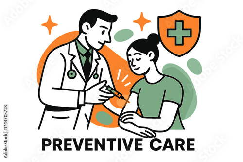 Glowing Vaccine Protection. Preventive Care. A doctor giving glowing vaccine shot, abstract floating shield, spark, and cross icons symbolizing prevention.