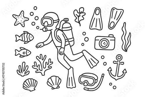 Scuba Diving Essentials. Scuba Diving. Hand-drawn doodle illustration scuba diving diver, scuba tank, mask, fins, snorkel, coral, fish, starfish, underwater