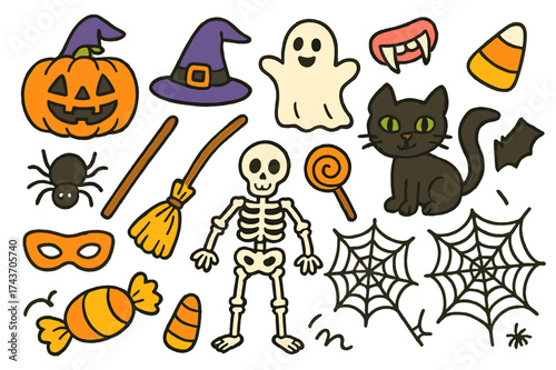 Halloween Doodle Fun. Halloween. Colorful Hand-drawn doodle Children illustration Pumpkin, jack-o'-lantern, witch hat, broomstick, ghost, vampire teeth,
