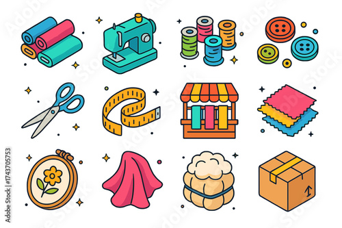 Textile Trade Icons. Textile trade. Colorful isometric vector icons set of textile trade: fabric rolls, sewing machine, thread spools, buttons, tailor?s